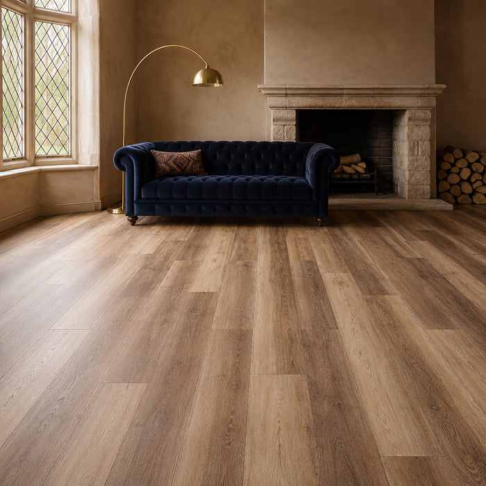 Fumed Oak Rigid LVT flooring in a vintage living room.