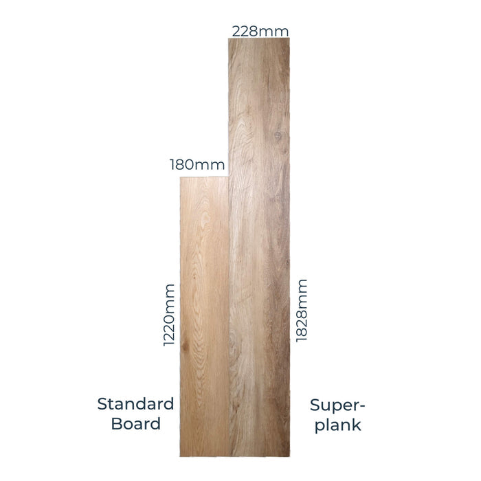 Comparison of a standard board and a Fumed Oak Rigid LVT super plank with measurements labeled.