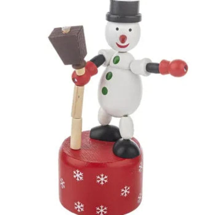A small decorative snowman figurine with a black top hat, white face and hands, red body, and black-and-white striped arms, shown against a plain white background.