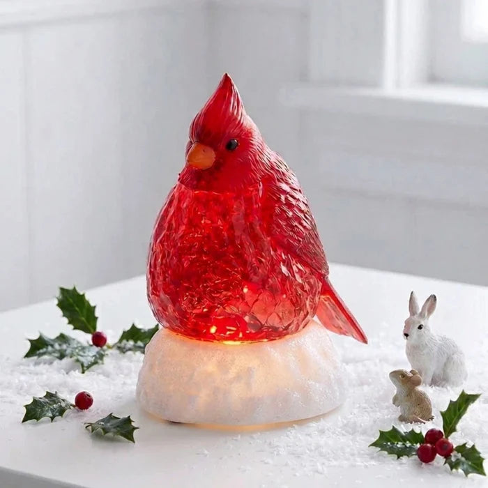 5.5-inch lighted water lantern featuring a red cardinal with swirling glitter