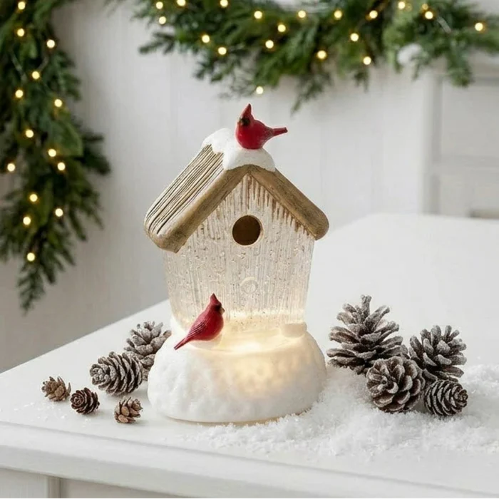 5.75-inch lighted water lantern featuring a cardinal bird house with swirling glitter