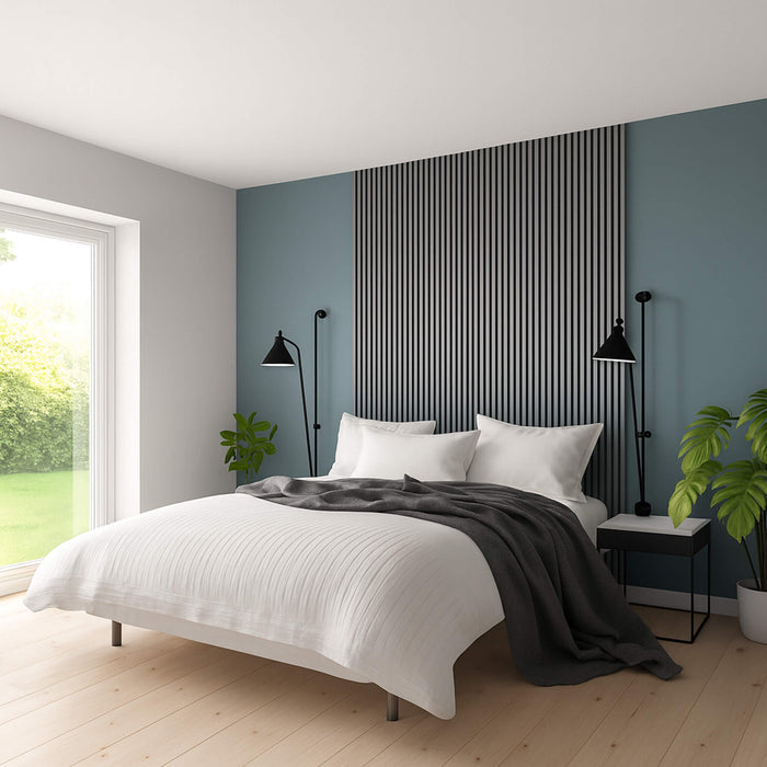 Grey Acoustic Slatwall Panelling installed in a bedroom behind the bed.