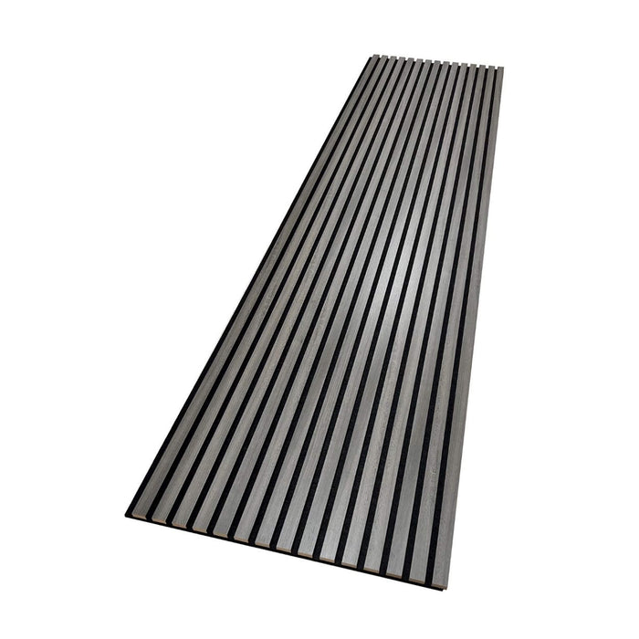 A angled view of a Grey Acoustic Slatwall Panel on a white background