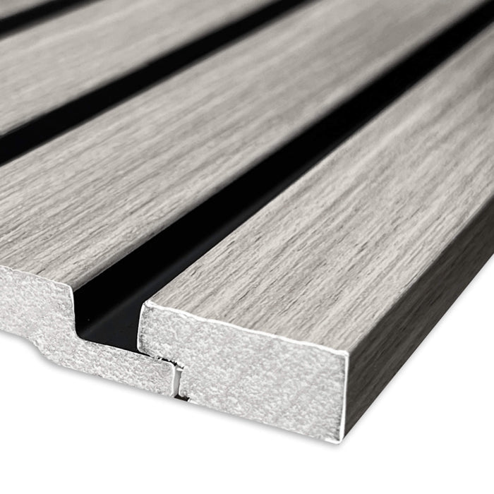 Close-up of a Grey Aqua Slatwall Left Trim  positioned in place on a slatwall panel on a white background.
