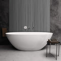 Modern white freestanding bathtub in a bathroom with Grey Aqua Slatwall Panel wall and towel.