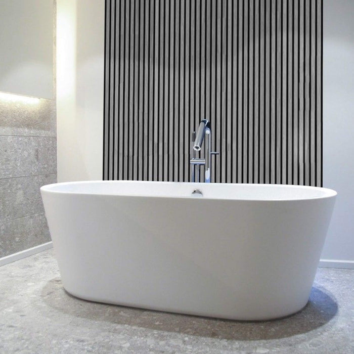 White freestanding bathtub in a modern bathroom with a Grey Aqua Slatwall Panelled feature wall.