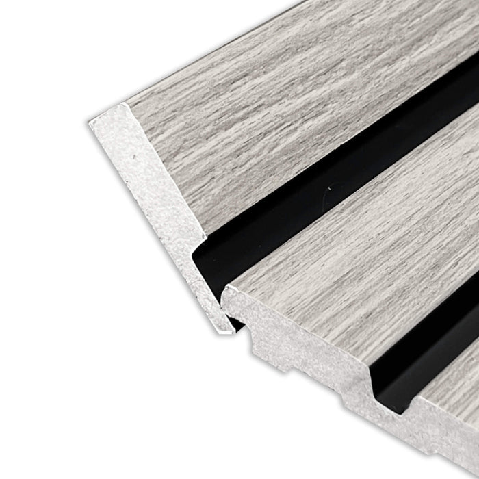 Close-up of a Grey Aqua Slatwall Right Trim being positioned on a white background