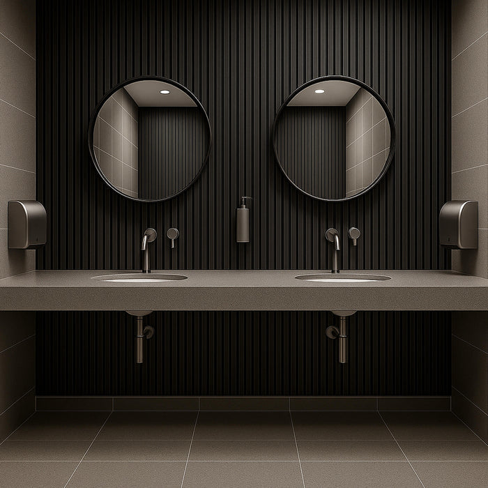 Bathroom with double sink vanity, round mirrors, and a Grey Aqua Slatwall Panelled Feature Wall.