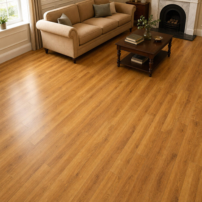 Groovy Oak Prestige laminate flooring in a living room setting.