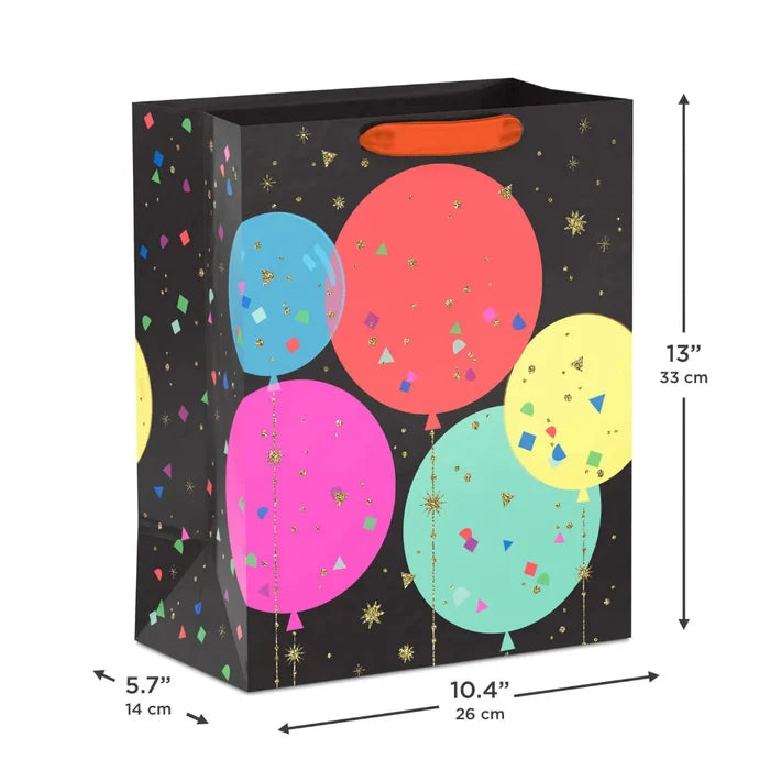 Large balloon‑design gift bag with gold glitter, 10.4" × 13" × 5.7"