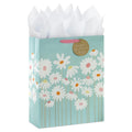 Extra‑large slate blue Mother’s Day gift bag with white daisy artwork, gold‑tone stems, round “happy mother’s day” tag
