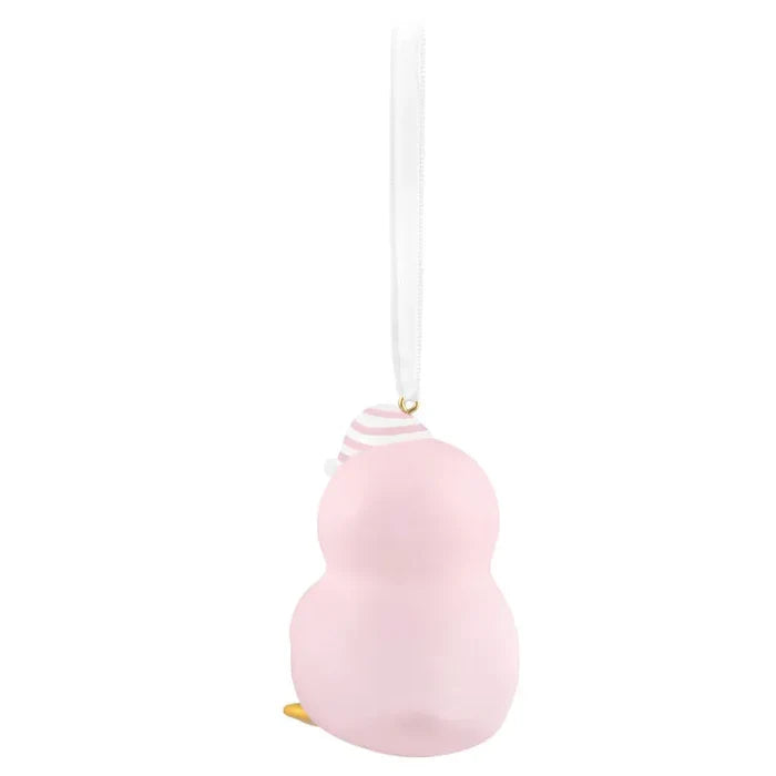 Rear view of matte finish pink penguin ornament showing gold metal hanging loop detail