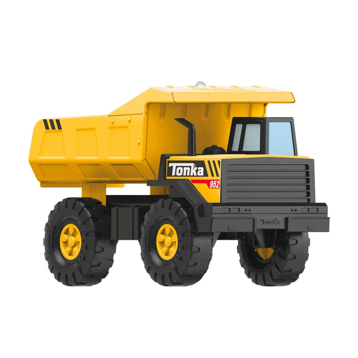 Direct front view of yellow and black Tonka truck ornament with ribbed dump bed
