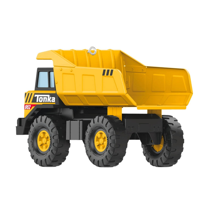Tonka dump truck ornament with raised bed showing interior texture detail