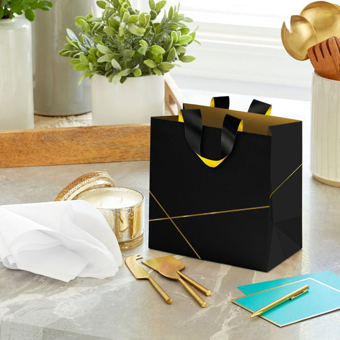 Hallmark : 5.5" Gold Lines on Black Small Square Gift Bag