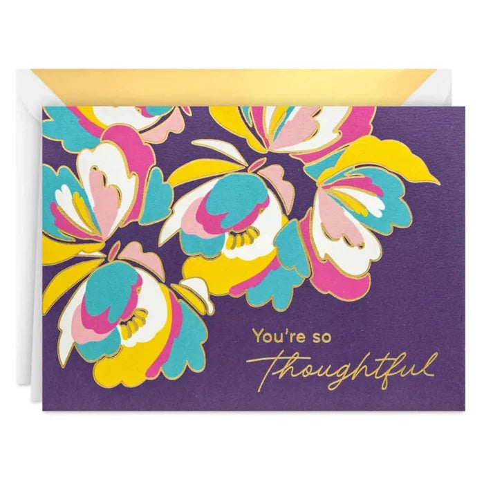 Greeting card with colorful floral design and 'You're so thoughtful' text on a purple background
