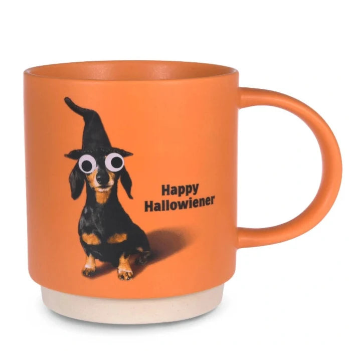 Hallmark Happy Hallowiener 16 oz. ceramic Halloween mug featuring an adorable dachshund design with a festive Halloween theme, perfect for coffee, tea, and seasonal beverages.