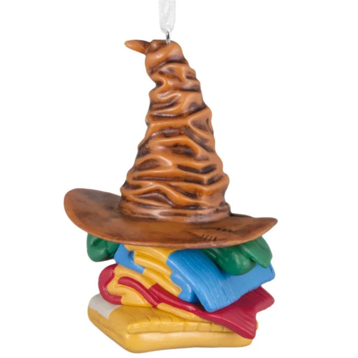 Hallmark Harry Potter Sorting Hat and Hogwarts house scarves ornament featuring the iconic Sorting Hat with Gryffindor, Hufflepuff, Ravenclaw, and Slytherin colors, collectible Christmas tree decoration.