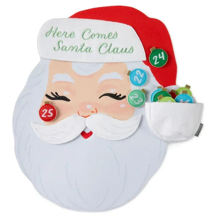 Santa Claus advent calendar with colorful small gifts inside each numbered pocket.