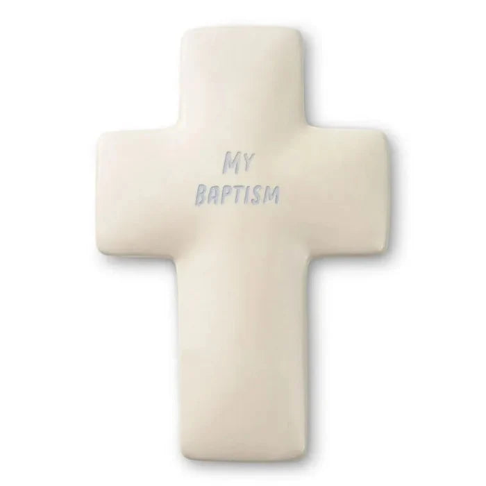 White cross-shaped object with 'My Baptism' text on a white background