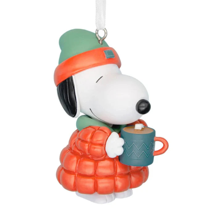 Peanuts Snoopy with hot cocoa Hallmark Christmas ornament featuring Snoopy holding a warm mug