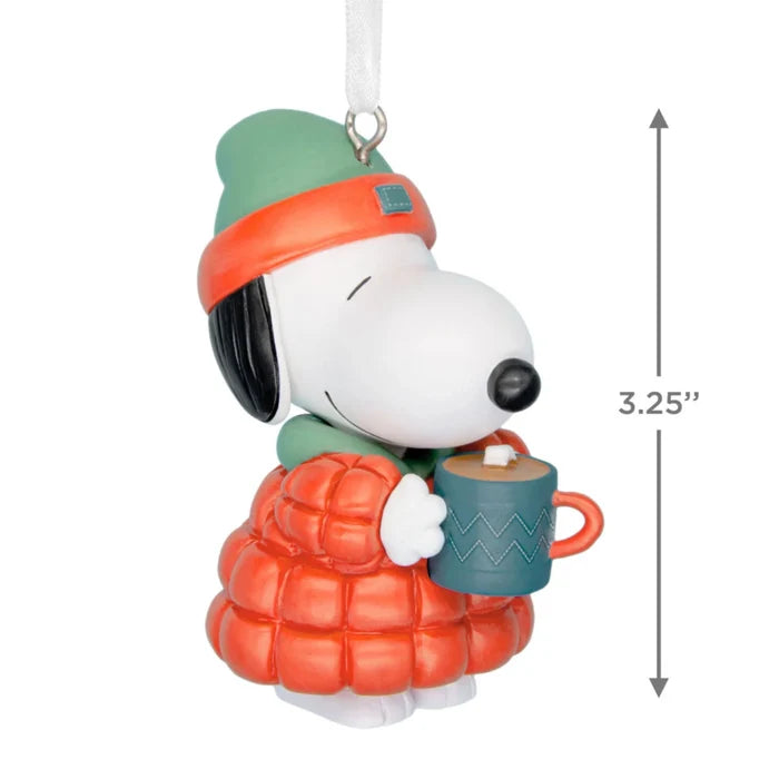 Peanuts Snoopy with hot cocoa Hallmark Christmas ornament featuring Snoopy holding a warm mug