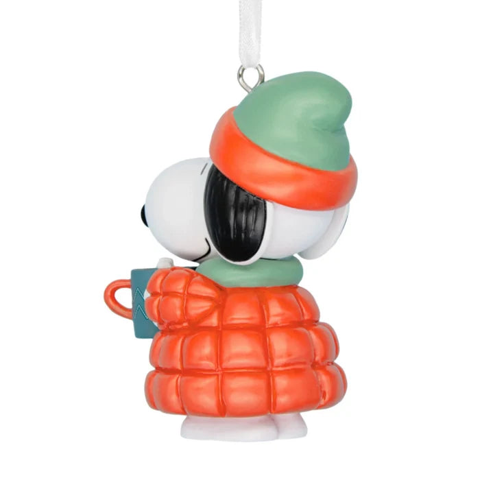 Peanuts Snoopy with hot cocoa Hallmark Christmas ornament featuring Snoopy holding a warm mug
