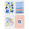 Set of four colorful greeting cards with text and smiley faces on a white background