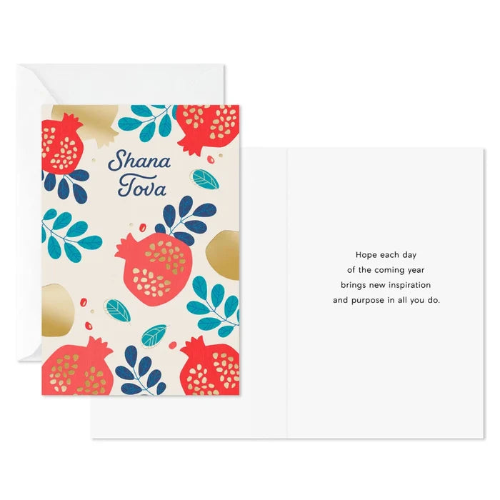 Hallmark Rosh Hashanah greeting cards featuring traditional pomegranate artwork with blue foliage and luxurious gold foil accents.