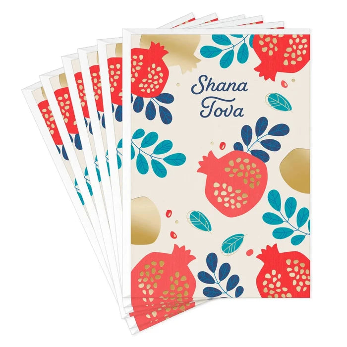 Hallmark Rosh Hashanah greeting cards featuring traditional pomegranate artwork with blue foliage and luxurious gold foil accents.
