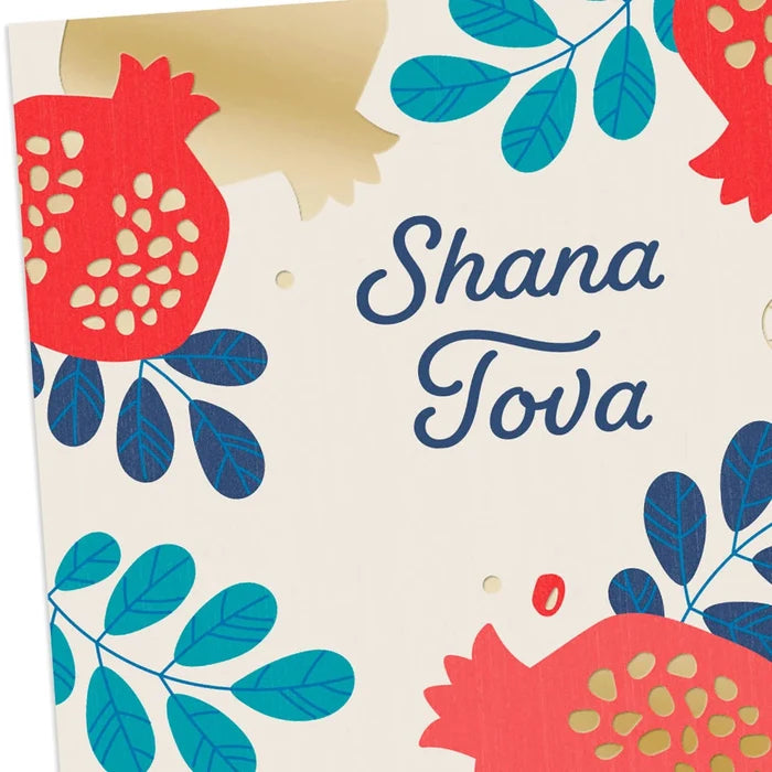 Hallmark Rosh Hashanah greeting cards featuring traditional pomegranate artwork with blue foliage and luxurious gold foil accents.