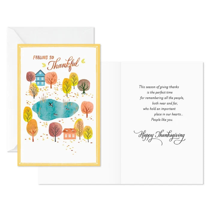 Hallmark The Important People in Our Hearts Thanksgiving Cards featuring a watercolor autumn landscape with cozy homes, a blue pond, colorful fall trees, and 6 matching envelopes.