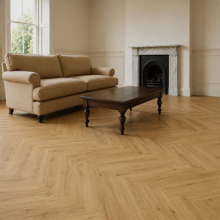 Heritage Oak Rigid LVT Herringbone flooring in a victorian living room setting.