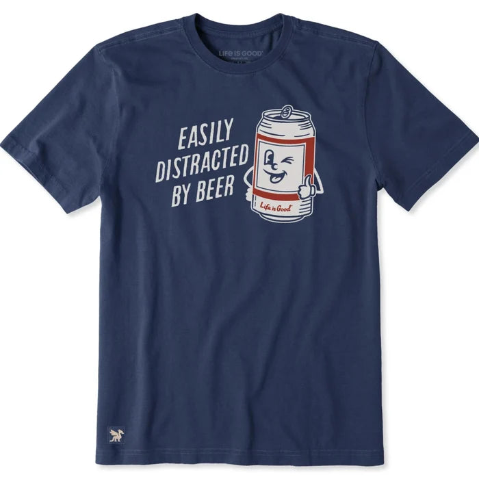 Men's Easily Distracted by Beer Can short sleeve Crusher T-shirt featuring a humorous beer can graphic, crew neckline, and relaxed garment-washed fit for casual everyday wear.