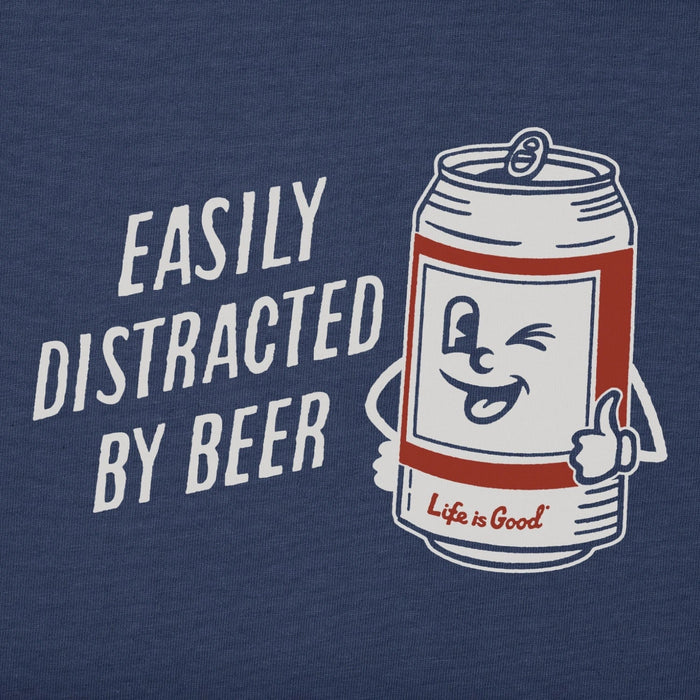 Men's Easily Distracted by Beer Can short sleeve Crusher T-shirt featuring a humorous beer can graphic, crew neckline, and relaxed garment-washed fit for casual everyday wear.