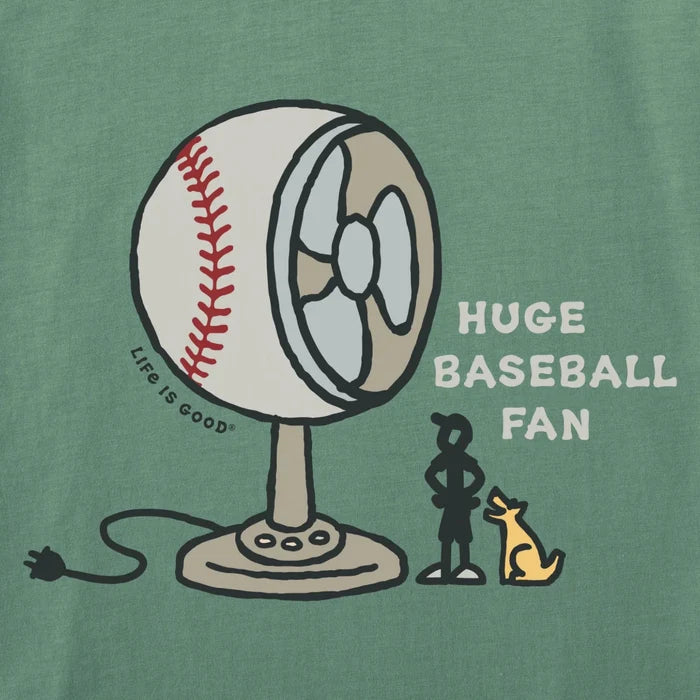 Men's Huge Baseball Fan short sleeve Crusher T-shirt featuring a baseball-themed graphic, crew neckline, and relaxed garment-washed fit for comfortable everyday wear.