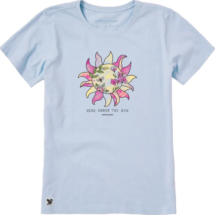 Women's Here Comes the Sunshine Bloom short sleeve T-shirt featuring a sunshine and floral-inspired graphic, crew neckline, and relaxed fit for comfortable everyday wear.