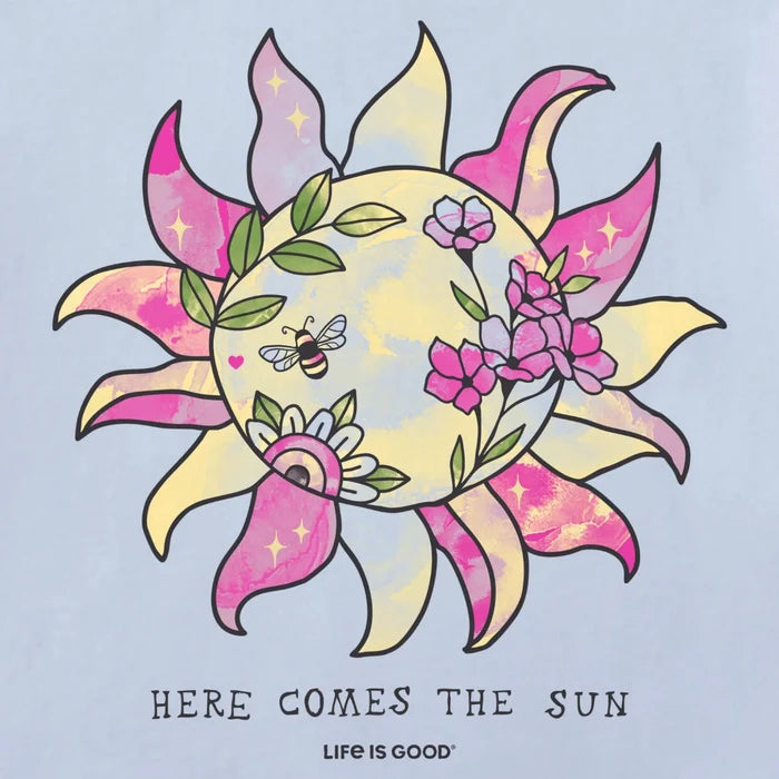 Women's Here Comes the Sunshine Bloom short sleeve T-shirt featuring a sunshine and floral-inspired graphic, crew neckline, and relaxed fit for comfortable everyday wear.