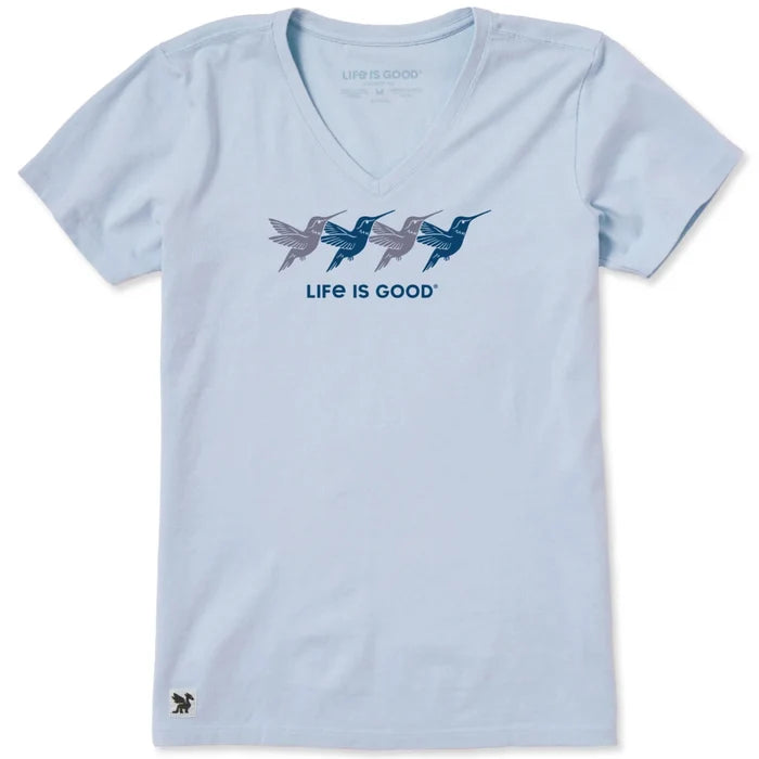 Women's Rally Hummingbirds short sleeve Crusher T-shirt featuring a colorful hummingbird graphic, crew neckline, and relaxed garment-washed fit for comfortable everyday wear.