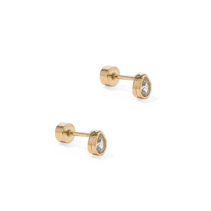 The Paloma Pear Gold Screwback Stud Earrings. Featuring a stunning pear-shaped CZ stone set in a sleek gold bezel, these earrings offer a timeless, refined design that adds a touch of elegance to any outfit.
