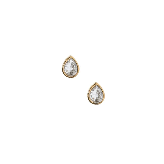 The Paloma Pear Gold Screwback Stud Earrings. Featuring a stunning pear-shaped CZ stone set in a sleek gold bezel, these earrings offer a timeless, refined design that adds a touch of elegance to any outfit.