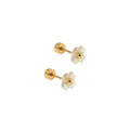 The Sloane Screwback Stud Earrings feature a translucent iridescent flower with a soft golden center, giving off a subtle glow from every angle.
