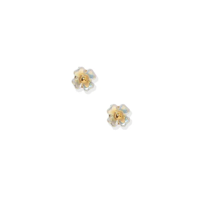 The Sloane Screwback Stud Earrings feature a translucent iridescent flower with a soft golden center, giving off a subtle glow from every angle.