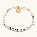 Multicolored beaded bracelet with 'LOVE YOU' charm on a white background