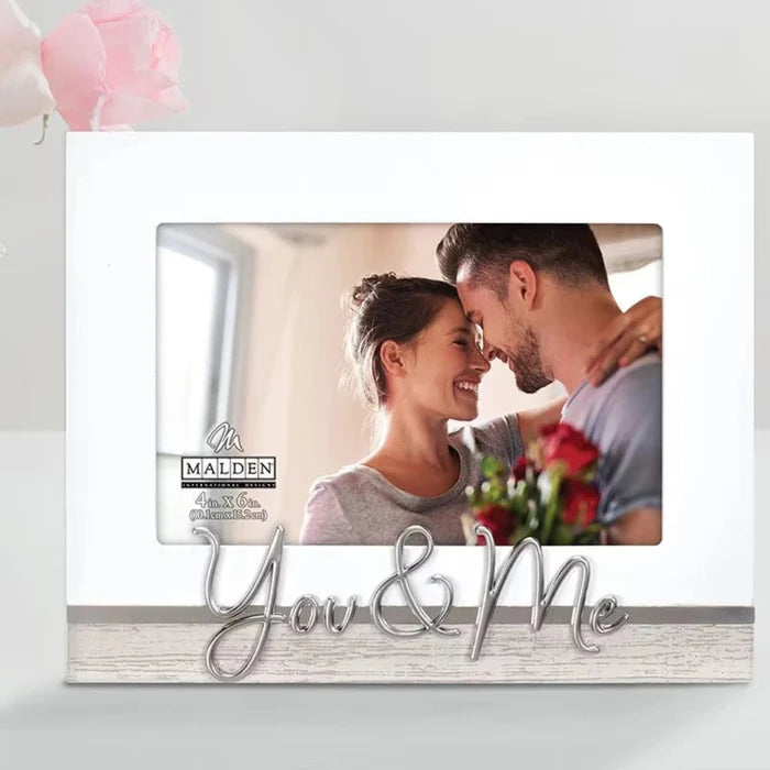 You & Me couple picture frame designed to display a 4x6 photo with a romantic and elegant style.