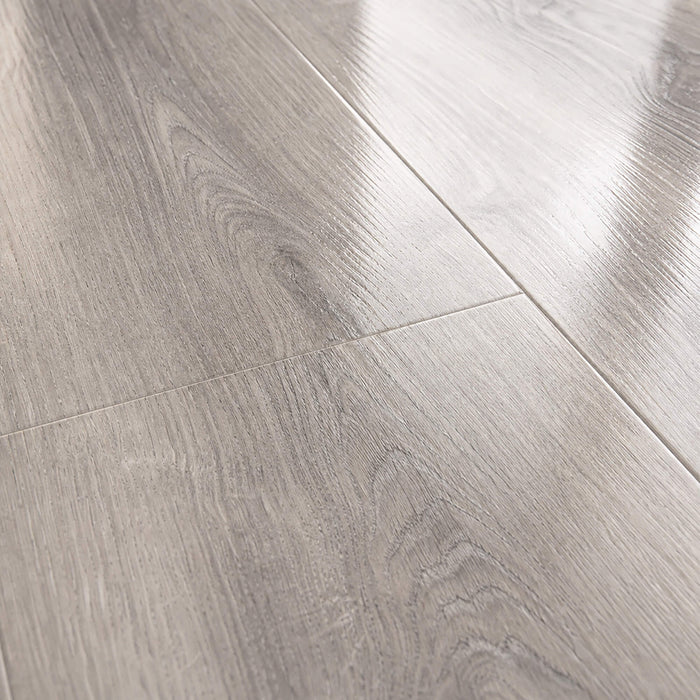 Close-up of Manhattan Grey super gloss laminate flooring.