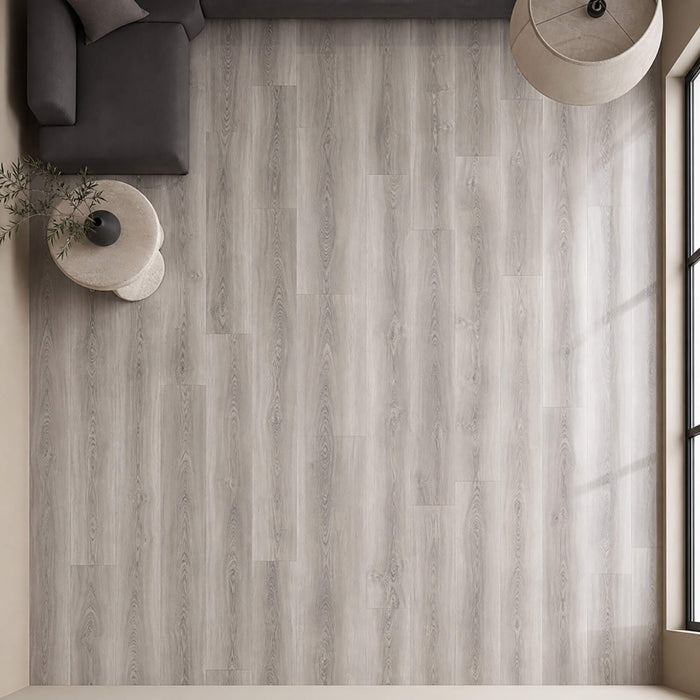 Elevated view of Close-up of Manhattan Grey super gloss laminate flooring in a living room setting.