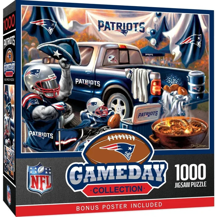 Front and side views of a 1000-piece Gameday Collection NFL jigsaw puzzle box featuring a festive Patriots-themed illustration with a blue truck, football, cooler, and fans.