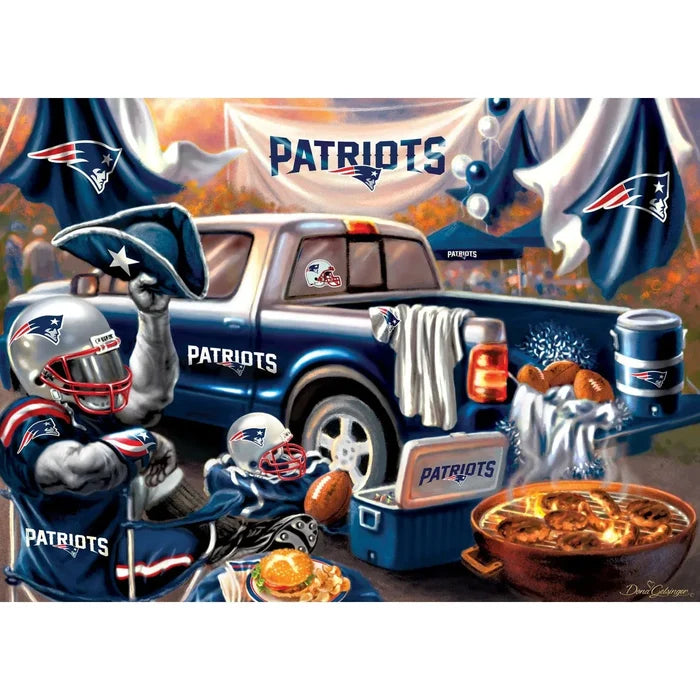 New England Patriots-themed tailgating scene with a truck, food, and fans.