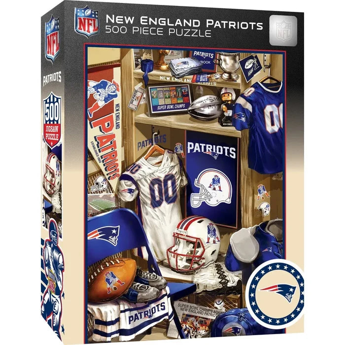 NFL New England Patriots 500-piece jigsaw puzzle box showing a detailed locker room scene with jerseys, helmets, trophies, and team memorabilia. The box features NFL and New England Patriots branding and a circular team logo on the front.